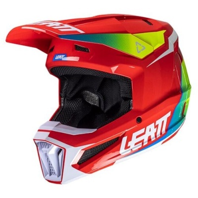 Capacete integral de moto vermelho com detalhes coloridos e texto LEATT