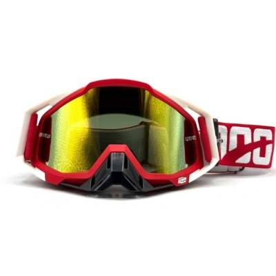 Óculos de proteção com lente refletora dourada e correia vermelha e branca