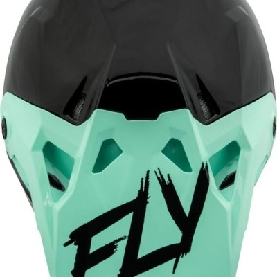 Capacete motocross preto e verde menta com texto 'FLY'