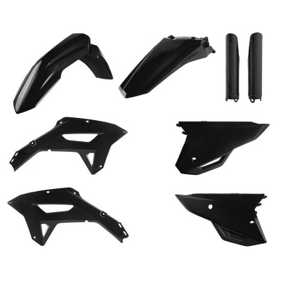 Conjunto de peças plásticas pretas para moto sobre fundo branco