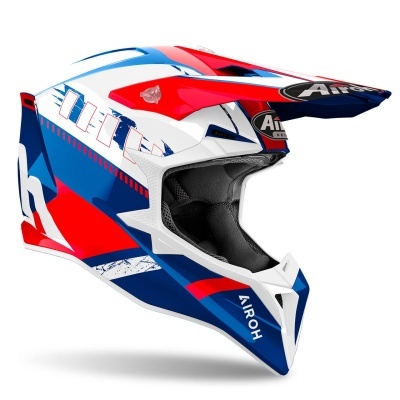 Capacete motocross vermelho, branco e azul com logótipo AIROH