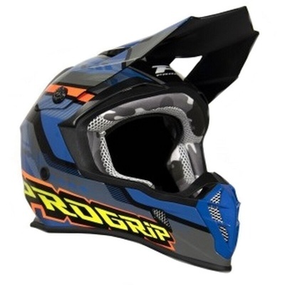 Capacete integral motocross azul e preto com texto PROGRIP