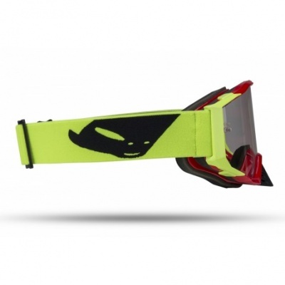 Óculos de proteção vermelhos com fita elástica amarela e desenho preto