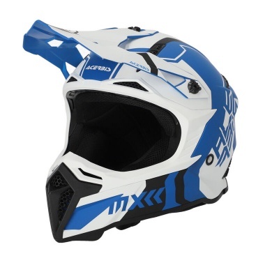 Capacete de motocross branco e azul com preto, com texto ACERBIS