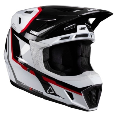 Capacete todo-o-terreno preto, branco e vermelho com texto LEATT