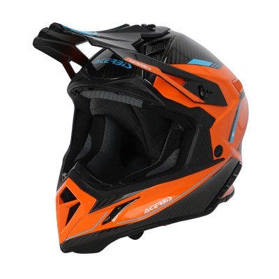 Capacete de motocross Acerbis preto e laranja com detalhes azuis