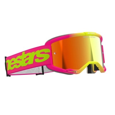 Óculos de proteção para desporto com lente refletora e correia elástica rosa e amarela