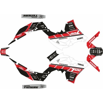Conjunto de autocolantes para mota Yamaha Tenere 700 em preto, vermelho e branco.
