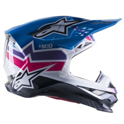 Capacete de motocross colorido com visor e padrões gráficos.