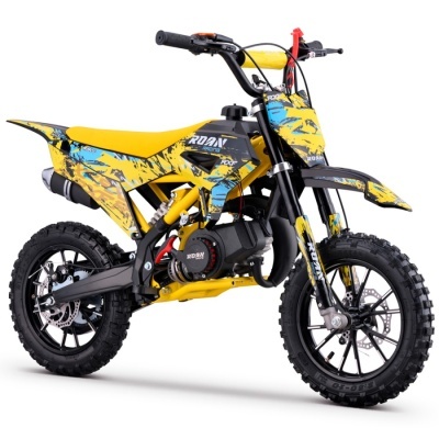 Motocross infantil amarelo, azul e preto com pneus todo-o-terreno