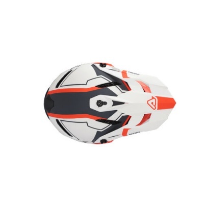 Capacete branco com faixas em preto e laranja visto de cima