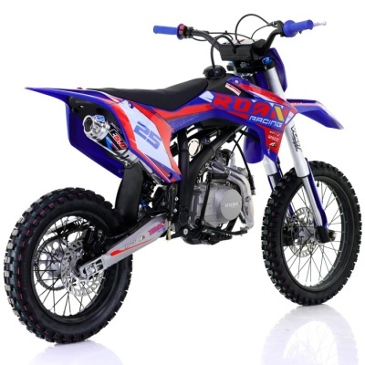 Moto de trial azul, vermelho e preto com pneus de rasto e texto ROAN RACING 25