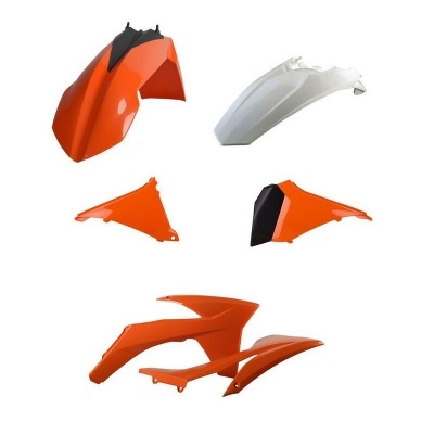 Peças plásticas para motocicleta em laranja, branco e preto