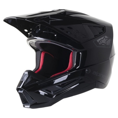 Capacete de motocross preto brilhante com interior acolchoado vermelho e preto