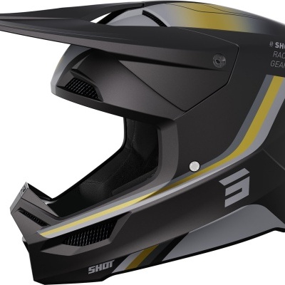 Capacete preto integral com detalhes amarelos e cinzentos para motocross