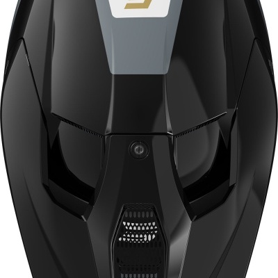 Capacete de ciclismo preto com detalhes cinza e dourado, texto SHOT e número 3