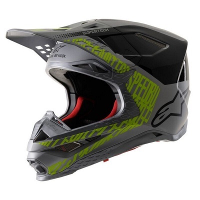 Capacete integral motocrosse preto, cinza e verde-limão com interior vermelho