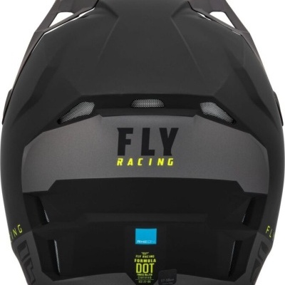 Capacete integral FLY Racing preto e cinza fosco com texto amarelo e preto