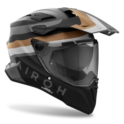 Capacete de motocicleta preto, branco, cinza e castanho com viseira transparente e logótipo AIROH
