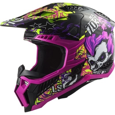Capacete motocross com caveira roxa e design colorido