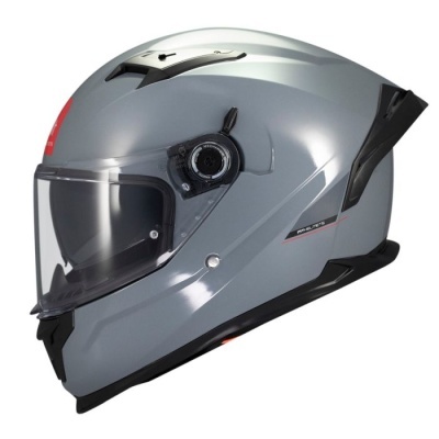 Capacete integral prateado com viseira transparente e detalhes negros