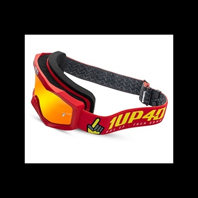 Óculos de proteção desportiva vermelhos com lentes espelhadas e alça com texto 1UP40