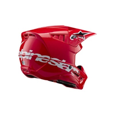 Capacete integral vermelho com texto alpinestars branco e símbolo estrela preto e branco