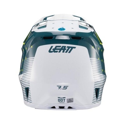 Capacete branco LEATT 7.5 com detalhes verdes e selo DOT