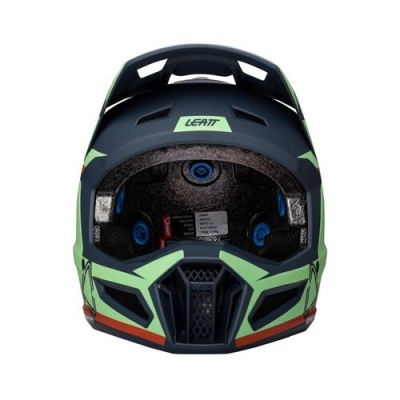 Capacete integral LEATT verde e azul escuro com detalhes vermelhos
