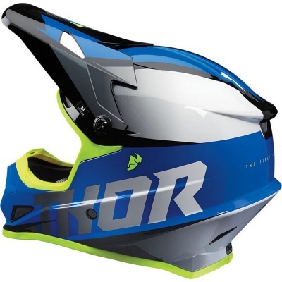 Capacete integral azul, cinza e verde com texto THOR na lateral