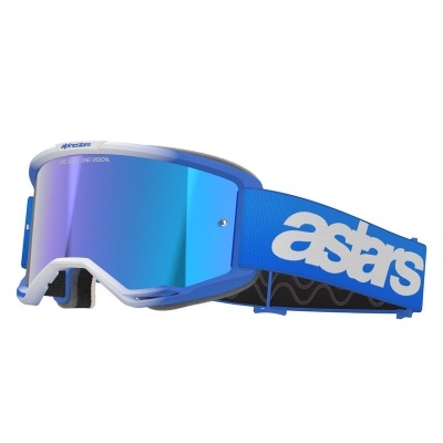 Óculos de proteção desportivos azul com lente espelhada e cinta azul com texto branco