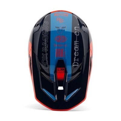 Capacete de ciclismo preto, azul e laranja Fox Racing com texto Dream On