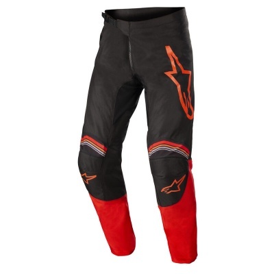Calças de motocross preto e vermelho com logótipos laranja Alpinestars