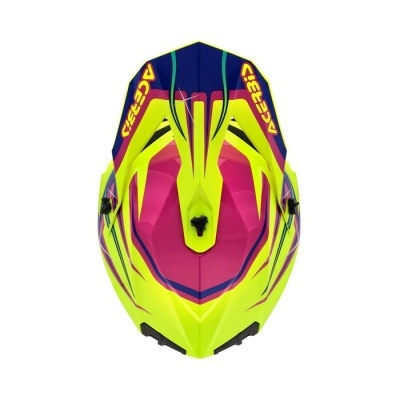 Capacete de bicicleta ou motocross amarelo, rosa e azul com texto ACERBIS