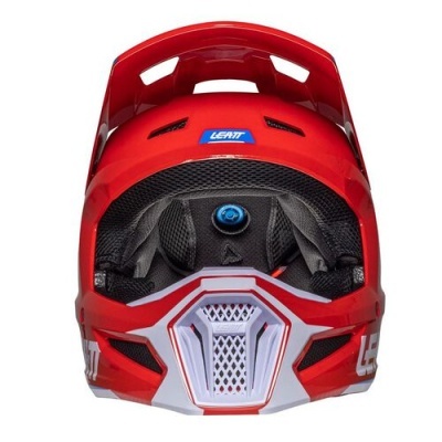 Capacete integral vermelho LEATT com detalhes brancos e cinza