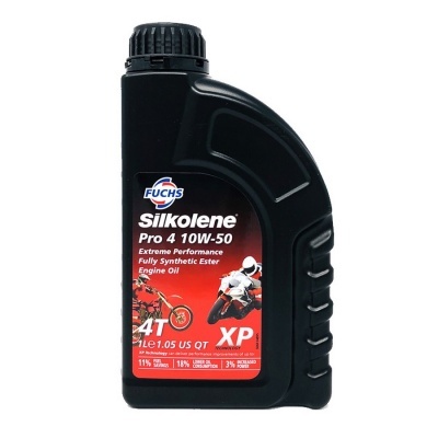 Frasco de óleo de motor Fuchs Silkolene Pro 4 10W-50, 1 litro, plástico preto com rótulo vermelho e branco