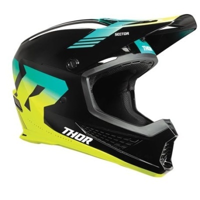 Capacete de motocross THOR Sector preto, azul turquesa e amarelo neon