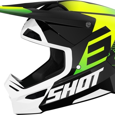 Capacete integral motocross preto, branco, verde e amarelo com texto SHOT e número 6