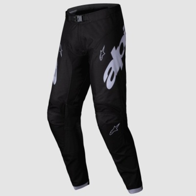 Calças pretas para motocross com logótipos brancos nas laterais e joelhos