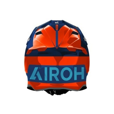 Capacete integral de motociclismo laranja e azul com marca AIROH
