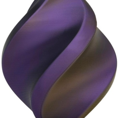 Vaso decorativo roxo e negro com design abstrato numa superfície branca