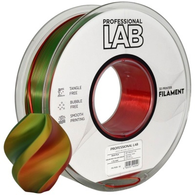 Filamento para impressora 3D PROFESSIONAL LAB vermelho, verde e dourado com objeto impresso espiralado nas mesmas cores