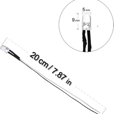 LED transparente com fios pretos e brancos e dimensões indicadas