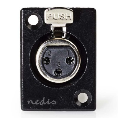 Ficha elétrica preta com três pinos numerados e tampa metálica com texto PUSH