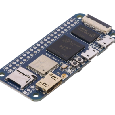 Placa eletrónica azul com componentes USB e ranhura para cartão microSD