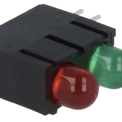 Componente eletrónico preto com LEDs vermelho e verde e pinos metálicos