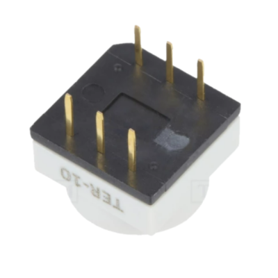 Peça eletrónica TER-10 com pinos dourados e corpo branco e preto