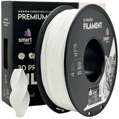 Rolo de filamento branco para impressora 3D da marca smart PRINT com embalagem preta e imagem de tigre