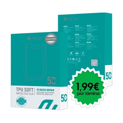 Embalagem de película protetora TPU SOFT 50 polegadas com informações de reparo rápido e preço 1,99€ por lâmina