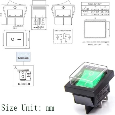 Interruptor basculante, 4 pinos, luz verde, On/Off DPDT 16A 250 V / 20A125 V AC com capa impermeável